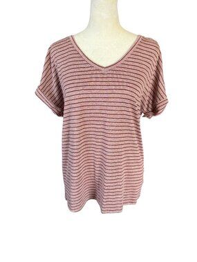 Women's mauve and red striped short sleeve v-neck stretchy shirt size small